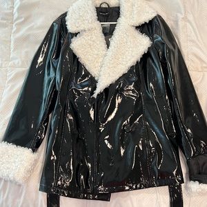 Latex jacket with fur trim